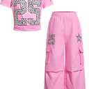 RoseSeek Girl's 2 Piece Summer Outfits Short Sleeve Ruched Basic Tess and Camo Cargo Pants Sets Trendy Pure Pink 10Y