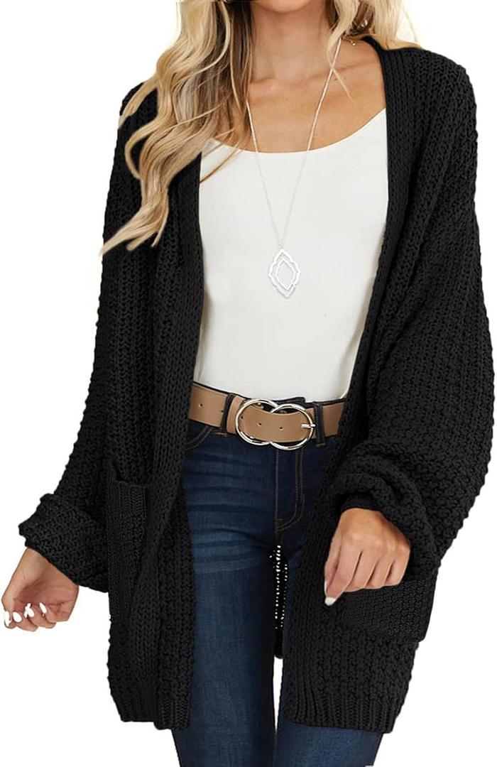 MEROKEETY Women's 2025 Fall Open Front Chunky Knit Sweater Oversized Lantern Sleeve Cardigan Outwear (Medium, Black)