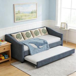 Upholstered Daybed with Trundle, Twin Size Day Bed w/Button-Tufted Back and Piping on Waved-Shape Arms for Bedroom or Guest Room, No Box Spring Required, Dark Gray