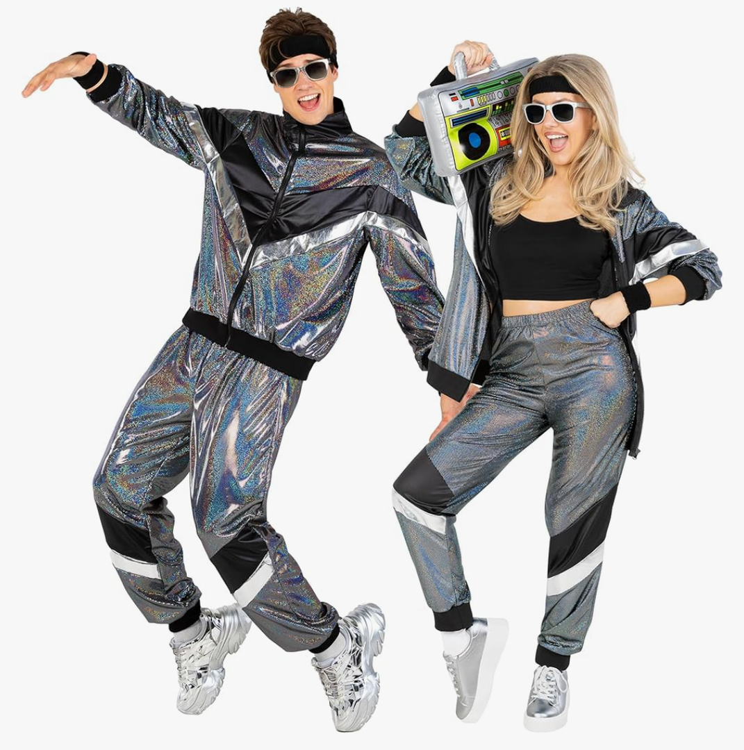 Morph Silver 80s Track Suit Mens 80s Costumes For Men, 1980s Costume For Women, Halloween Costumes For Adults Tracksuits 90s, Small