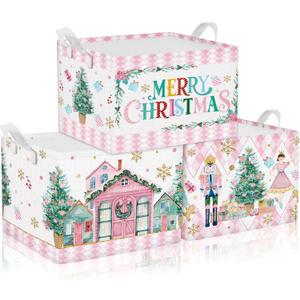 3 Pcs Christmas Pink Nutcracker Basket Diamond Plaid Christmas Tree Gift Basket Soldier Mouse Ballet Girl Clothes Storage Cube for Home Office Dorm Closet Shelf Organizer