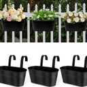 Metal Railing Planters for Outdoor Plants - 3 Pcs Balcony Hanging Flower Pots with Detachable Hooks & Drain Holes, Windowsill Oval Hanging Bucket Pots Fence Planters for Garden Home Decor, Black
