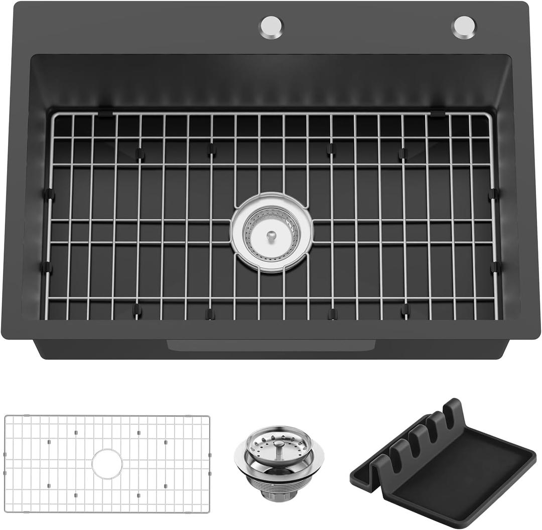 Black Kitchen Sink, 27x18 Inch Stainless Steel Drop In Modern Single Bowl Topmount Kitchen And Bar Sink Combo-SS Grid,Spoon Rest,Drain Strainer Set Compatibility With Various Kitchen&Bar Style, 27x18x9 inches
