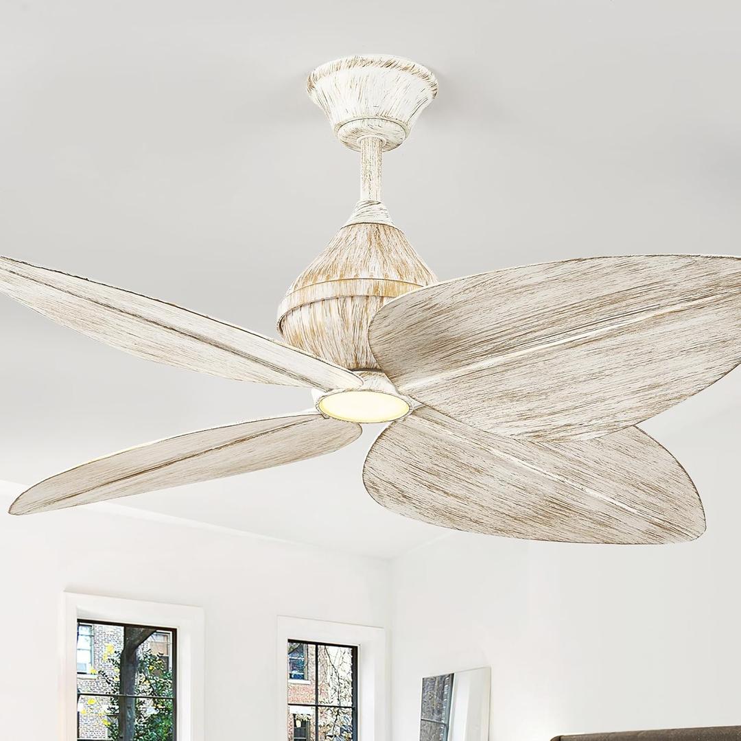 52" Ceiling Fan, Tropical Ceiling Fans with APP and Remote Control, Indoor Palm Leaf Ceiling Fans with Lights for Living Room Bedroom Patios, Dimmable(Rustic White Gold)