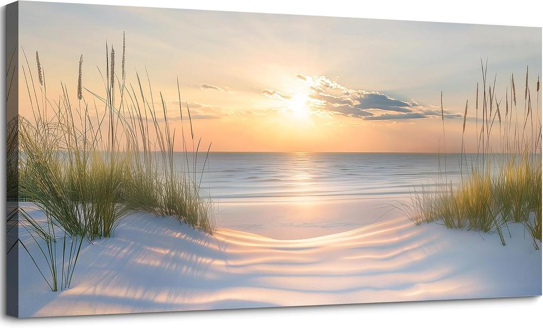 SLYCAY Oversized Large Beach Sunset Canvas Wall Art Print, Coastal Wall Decor Modern Seashore Grass Dunes Nature Seascape Painting Ocean Artwork Bathroom Living Room Office Bedroom 29"X58", 58"L x 30"W