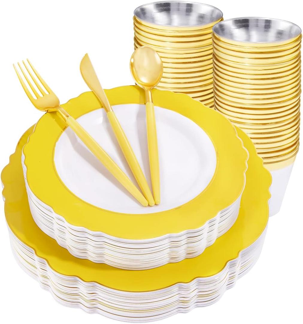 WDF 150pieces Yellow Disposable Dinnerware Hign-end Baroque Design - Sturdy&Durable Baroque Yellow Sunshine&Gold Plastic Dinnerware for Upscale Wedding &Parties