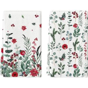 Artoid Mode Holly Poinsettia Flower Winter Kitchen Towels Dish Towels, 18x26 Inch Farmhouse Holiday Decoration Cleaning Set of 2