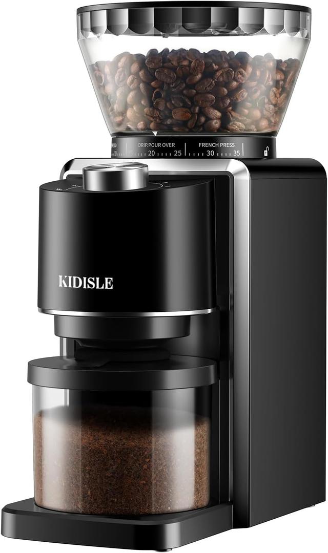 KIDISLE Conical Burr Coffee Grinder, Electric Coffee Bean Grinder for Precise Grinding, 35 Settings, 212 Cup Selector, Anti-Static Design for Home Use, Black