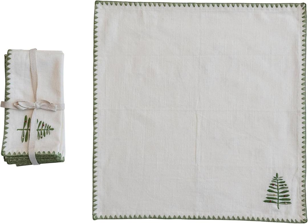 Creative Co-Op Cotton Napkins with Embroidered Tree and Edge, Natural and Green, Set of 4