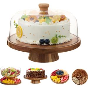 Acacia Wood Cake Stand with Lid, 6-in-1 Multifunctional Cake Plate, Cake Holder, Serving Tray, Fruit Platter, Salad Bowl, Dessert Table Display & Acrylic Cake Dome Cover