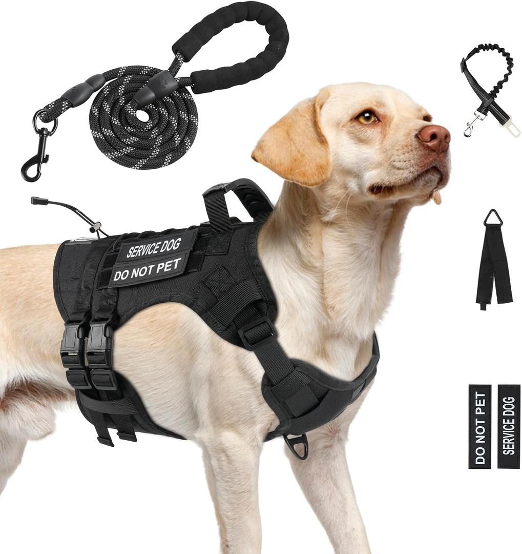 No Pull Tactical Dog Harness for Large Dogs, Escape Proof Molle Dog Vest Harness and Leash Set, Adjustable Military Service Dog Harness with Handle for Large Dogs(Black, L)