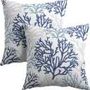 Blue and White Coral Throw Pillow Covers 16x16 Set of 2 Summer Beach Light Blue Gray Cushion Case Cotton Linen Square Sea Coral Tree Throw Pillows Case for Holidays Party Sofa Couch Bed Bench Outdoor
