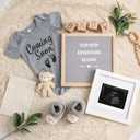 Canlierr 9 Pcs Pregnancy Announcement Set Pregnancy Reveal Ideas Felt Letter Board Baby Bodysuit Booties Photo Frame Bear Plush Wood Blocks for Coming Soon Baby Announcement(Gray) (Gray, XS)
