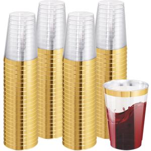 I00000 100 Pack 12 oz Gold Plastic Cups, Gold Rimmed Disposable Cups, Disposable Wine Glasses Cocktail Glasses Premium Cup with Golden Rim, 12 Ounce Plastic Tumblers for Party & Wedding