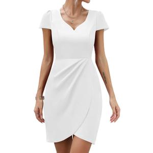 Missufe Women's Short Sleeve Sweetheart Ruched Fitted Wrap Mini Summer Party Formal Dress (White, XL)