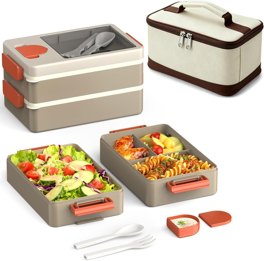 Sitlais Adult Lunch Box Bento Box & Lunch Containers for Adults, Stackable, Leakproof, Microwave Safe, Portable Lunchbox for Work, Travel, Meal Prep, Durable & Easy to Carry (Khaki)