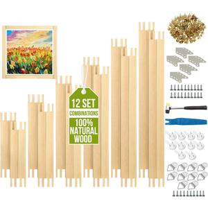 12 Set Needlepoint Stretcher Bar Set, 6 Sizes Wooden Canvas Stretcher Bars and Needlepoint Frame Kit with Tacks, Adjustable Stretcher Bars Set for Embroidery and Crafts