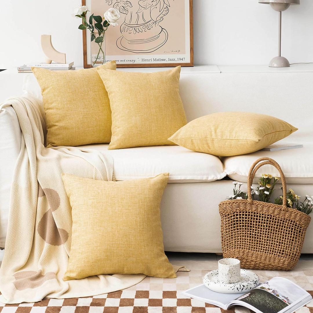 Home Brilliant Fall Pillow Covers 18x18 Set of 4 Textured Burlap Lined Linen Throw Pillow Covers for Couch Sofa Bed Winter Decor, 18 x 18 Inch (45cm), Yellow