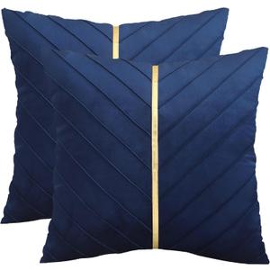 Tosleo Navy Blue Velvet Throw Pillow Covers 18 x 18 inch Pack of 2 with Gold Leather Decorative Couch Pillowcases Luxury Modern Pillow Cover for Living Room Bedroom Sofa Cushion Bed