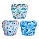 Babygoal Baby Boy Swim Diapers 3 Pack for 8M-3T Babies and Toddlers, Reusable Adjustable Washable for Swimming Lessons-Dinosaur,Shark,Fish (Large)