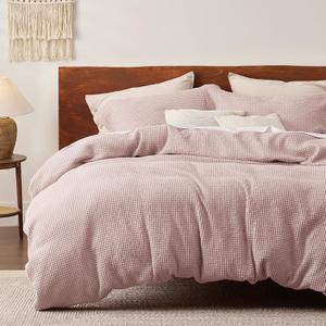 Bedsure Cotton Duvet Cover Queen - 100% Cotton Waffle Weave Pink Duvet Cover Queen Size, GentleSoft and Breathable Bedding Set for All Season, 3 Pieces, 90"x90"