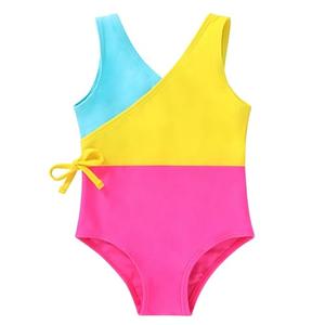 YOUNGER TREE Toddler Girl One Piece Swimsuit Color Block Stripe Swimwear Summer Beach Bathing Suit (6-9 Months, Bright Yellow Candy Color Block)