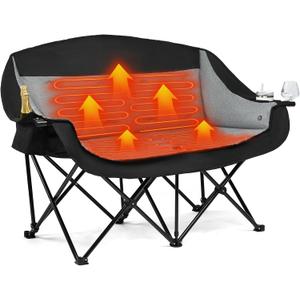 Heated Double Camping Chair - Heated Loveseat Chair for 2 Person Heavy Duty Oversized Padded Camping Couch for Adults Outdoor Sports Lawn Portable Folding Chairs