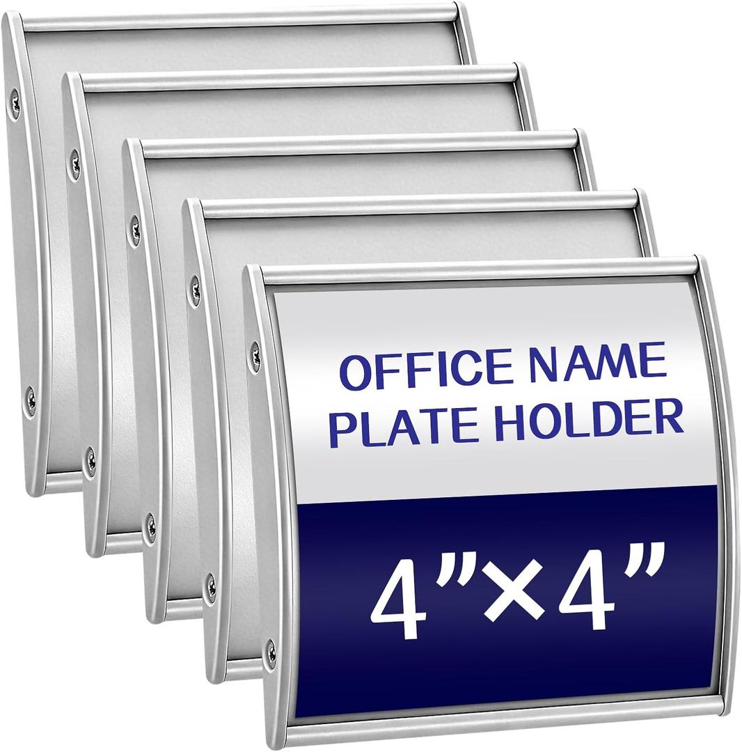 Hicarer Set of 5 Curved Name Plate Holder - 4'' x 4'' Aluminum Silver Wall Mount Door Sign Holder with Adhesive Tape for Office Business Cubicle Door