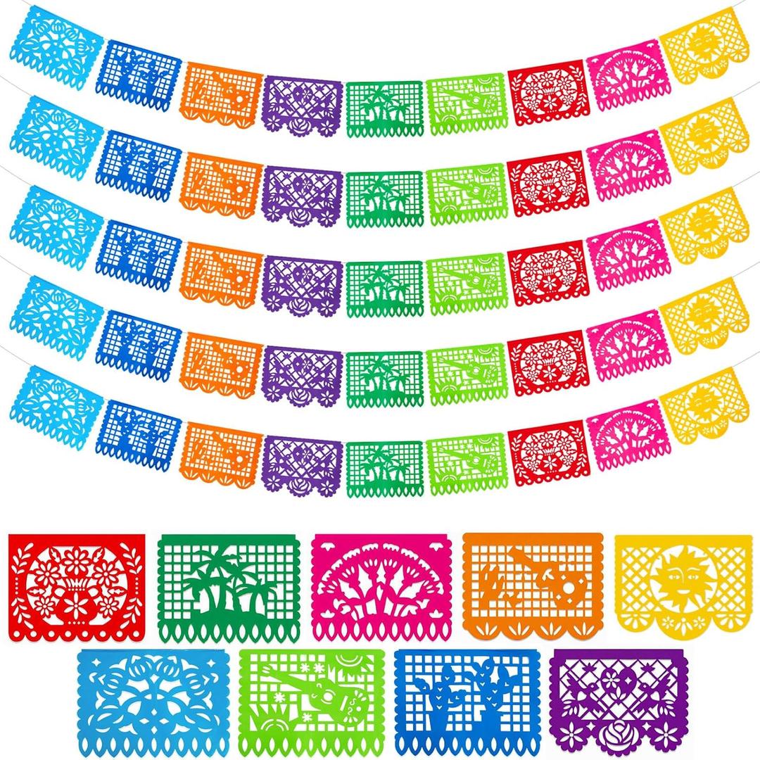 DomeStar 5 Packs 90 Ft Cinco De Mayo Mexican Party Banner, Fiesta Party Decoration Papel Picado Banner Mexican Decoration Hispanic Heritage Month Day of the Dead Hanging Decor Home Supplies