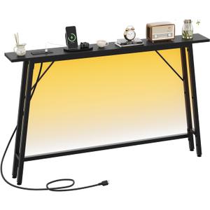 47'' Skinny Console Table with Charging Station and LED Light, Narrow Sofa Table with Power Outlets and Type C & USB Port, Behind Couch Table, for Living Room, Entryway, Hallway, Black (47.2"Lx5.91"Wx31.7"H)