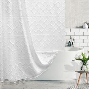 Extra Long White Textured Woven Fabric Boho Shower Curtain with Tassels 72 x 96 Modern Farmhouse Minimalist, Tufted Chevron Striped Shabby Chic, Water Resistant Cloth Curtain for Bathroom, Hotel Decor