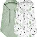 Yoofoss Hooded Baby Towels for Newborn 2 Pack 100% Muslin Organic Cotton Baby Bath Towel with Hood for Babies, Infant, Toddler and Kids, 32x32Inch, Soft and Absorbent Newborn Essential,Forest
