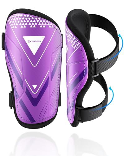 Shin Guards Soccer Kids Youth, CE Certified Airsfish Shin Guard Protection Gear for 2-18 Years Old Boys Girls Teenagers High Impact Resistant Breathable Comfortable 1 Pair 4 Sizes (XX-Small, Purple)