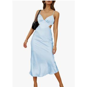 Women's Fall Satin Backless Maxi Dress Silk Cut Out V Neck Slip Tie Back Formal Cocktail Midi Dresses for Wedding Guest Size L