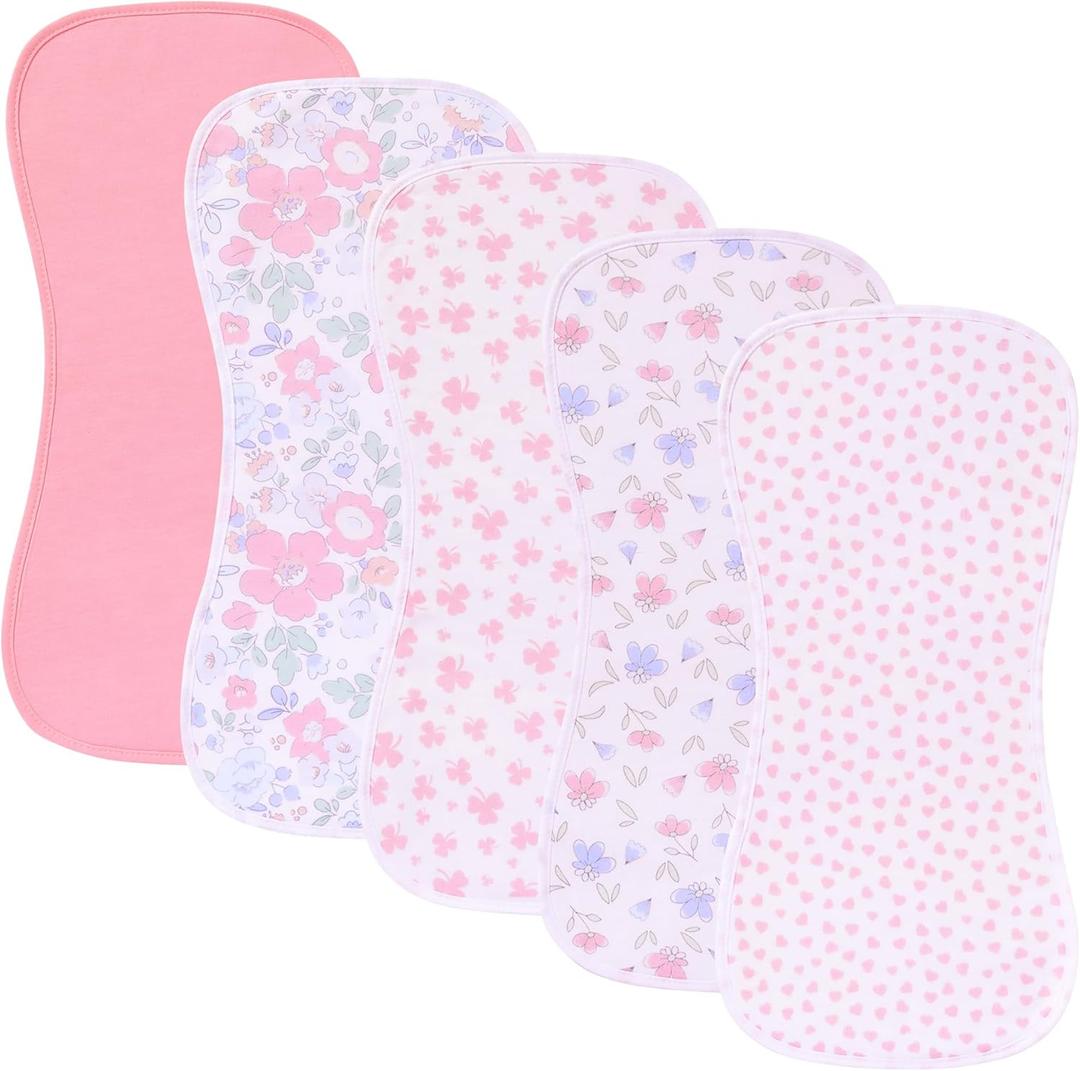 Sleepyturtle 5 Pack Waterproof Baby Burp Cloths Extra Absorbent and Soft (Pink-BF),19"L x 8.7"W
