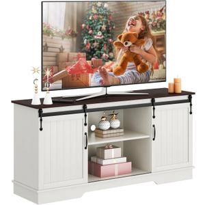 Yaheetech TV Stand for 65 Inch TV, Farmhouse Entertainment Center with Sliding Barn Doors, TV Media Console for Living Room, White & Espresso (58  16  28 in)