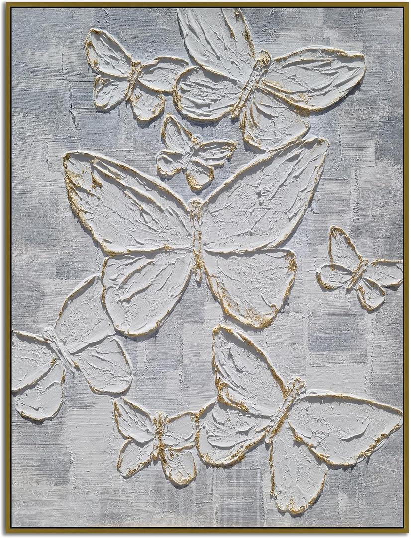 Yihui Arts Handmade Gold Foil Butterfly Wall Art on Textured Gray Canvas - Luxurious Oil Painting for Home Decor, 24"L x 16"W