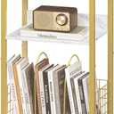 LELELINKY Side Table,White Marble Night Stand with Golden Metal Frame,3 Tier Industrial Wooden Record Player Stand with Vinyl Storage Shelf ,End Tables for Living Room Bedroom Small Spaces