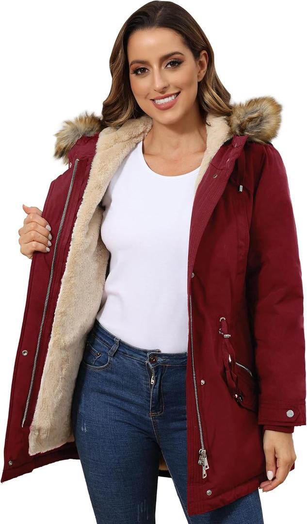 ROYAL MATRIX Women's Winter Coats Fleece Lined Parka Jacket Hooded Long Winter Warm Parka Coat with Pockets (18, Wine)