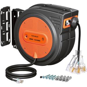 SURAIELEC 80 FT Retractable Extension Cord Reel, 14 AWG SJTOW Power Cord for Garage & Workshop, 10A Circuit Breaker, Wall/Ceiling Mount, Upgraded Anti-Tangle Roller Design, ETL Listed, Orange