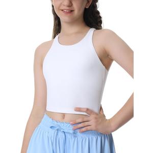 Girls Tank Tops Double Lined Crop Tops for Kids High Crew Neck Racerback Basic Sleeveless Dance Top for Girls (Large, White)