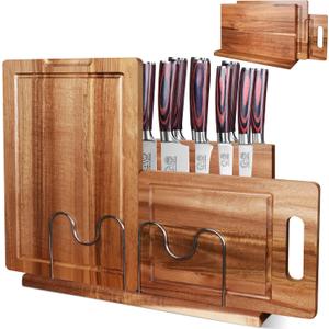 XYJ Acacia Wood Knife Block with Cutting Boards, Dual Magnetic Holder, 2-Piece Chopping Boards (Large & Small), Space-Saving Countertop Organizer, Rustic Kitchen Set without Knives