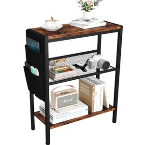 Yusong Small Narrow Side Table for Small Spaces, Slim End Table with Storage Bag, Sofa Snack Table with Adjustable Metal Mesh, 3 Tier Accent Skinny Beside Table for Living Room & Bedroom, Rustic Brown