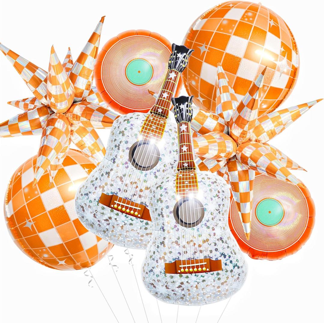 8Pcs Orange & Green Music Theme Balloons Set, Shiny Guitar, Disco Ball & Record Balloons, Life of a Showgirl Party Decorations for Music Birthday, Pop Star Singer Celebration