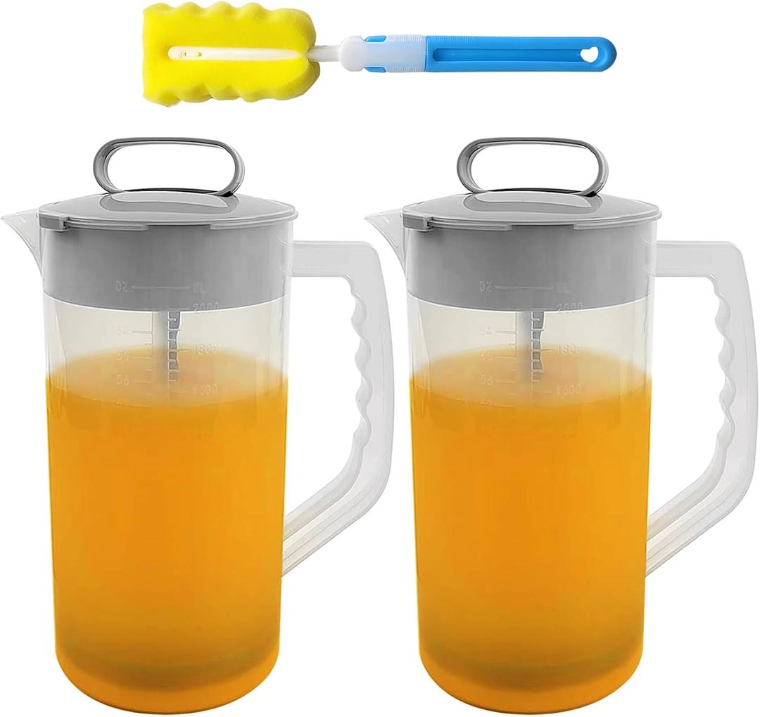2 Pack Mixing Pitcher for Drink, 2 Quart/ 64oz Plastic Water Pitcher with Lid and Clean Sponge Brush, Angled Plastic Blades and Adjustable Mixer Plunger for Juice, Milk, Beverage Container
