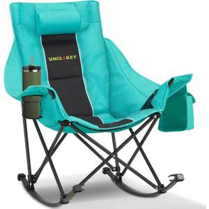 Unisakey Oversized Rocking Camping Chair with Headrest & Cup Holder - 300lbs Capacity, 600D Oxford Fabric, Easy Fold Portable Outdoor Rocker Chair for Camping, Backyard, Beach, Blackgreen