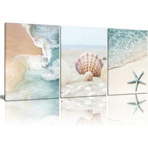 3pcs Beach Coast Canvas Wall Art Summer Beach Ocean Waves Shells Starfish Print Decoration Painting Blue Ocean Posters Prints for Living Room Bedroom Kitchen Sea View Room Wall Decor 16×24Inch, 16×24Inch Framed