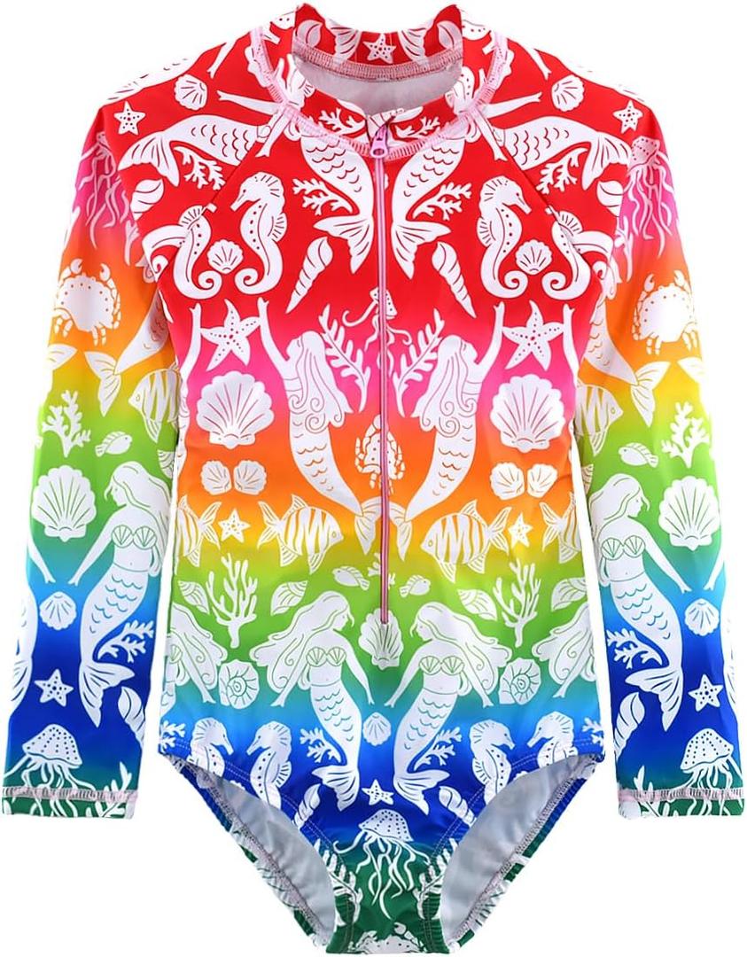 Girls Long Sleeve Swimsuit One Piece Bathing Suit Zipper UPF 50+ Rash Guard Swimwear Size 3-12T (7-8 Years, Mermaid 025)