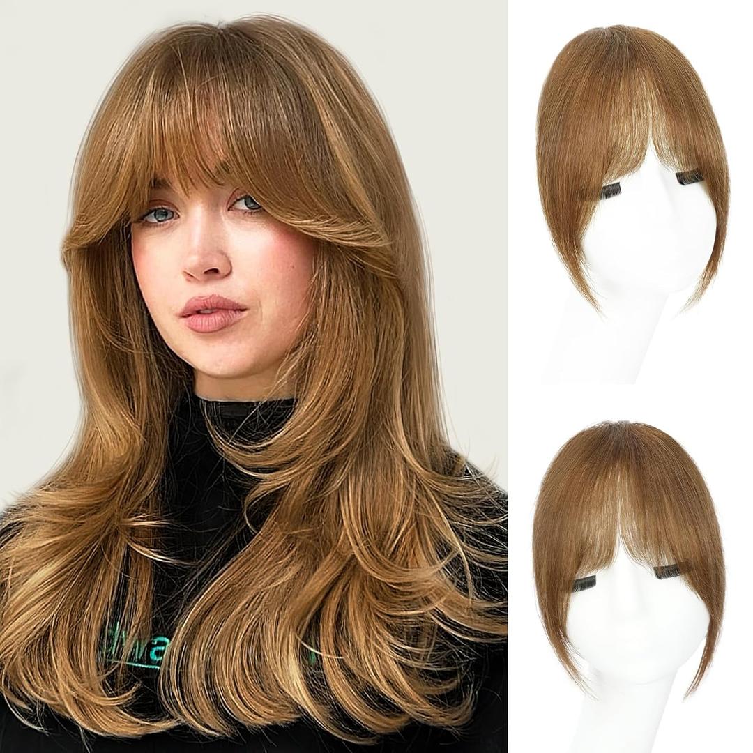 Clip in Bangs, 100% Real Human Hair Fake Clip on Bangs Hairpieces for Women French Bangs Light Auburn Brown Fringe with Temples Curved Curtain Bangs for Daily Wear