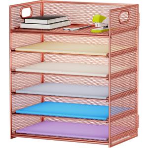 Marbrasse 6 Tier Paper Organizer Letter Tray - Mesh Desk File Organizer with Handle, Paper Sorter Organizer for Letter/A4 Office File Folder Holder - Rose Gold